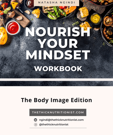 an ebook cover with a variety of food and text: nourish your mindset body image edition