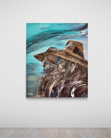 Oil painting on canvas titled 'Campesinas y Azul' by Sherezade Morales, artist from Lanzarote..