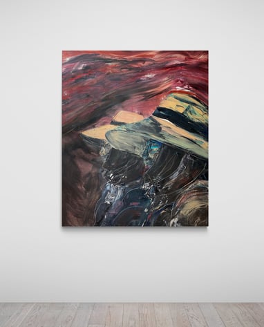 Oil painting on canvas titled 'Campesinas Canarias by Sherezade Morales, artist from Lanzarote.