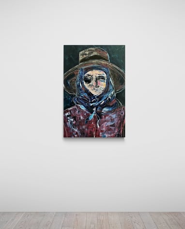 Oil painting on canvas Titled 'Santiguadora' by Sherezade Morales, a visonary artist from Lanzarote