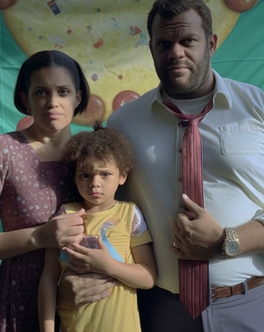 a man and woman standing with a little girl