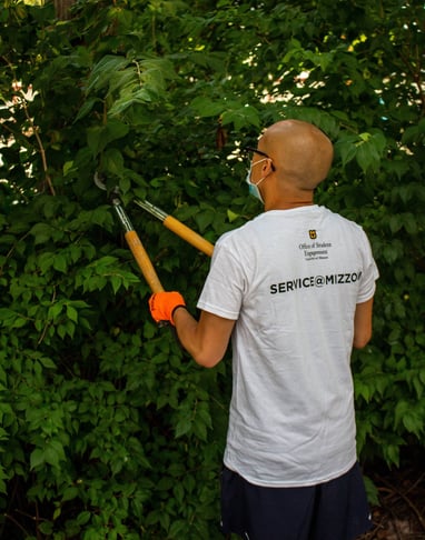 Young volunteer cutting branches.