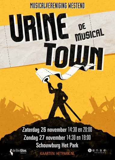 a poster for a musical concert with a man holding a toilet paper flag