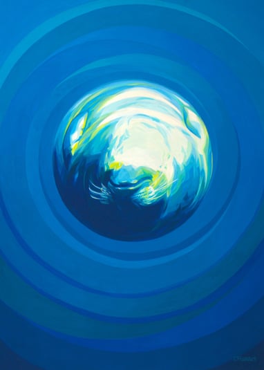 a painting of a very round seal in a blue sea 