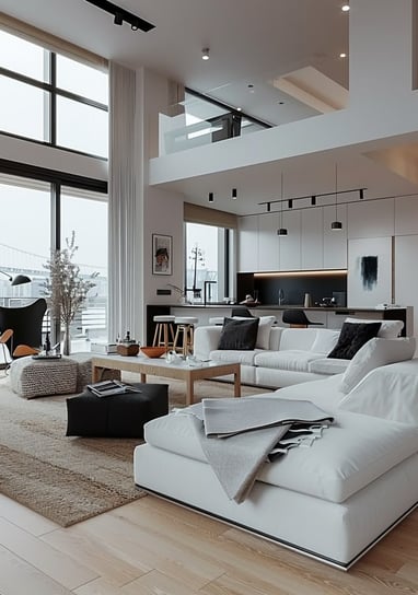 Imagen de una gran sala de estar que combina blancos, negros y colores cálidos