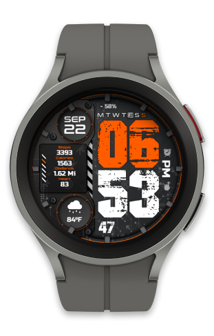 a smartwatch sport watch with a grey and orange watch face