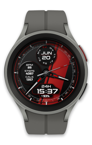a smartwatch sport watch with a red and black dial