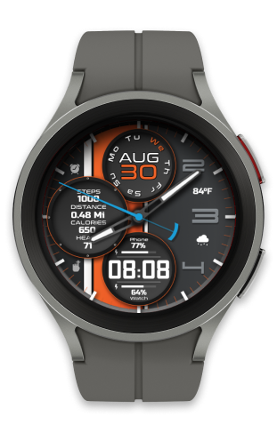 a smartwatch with a grey and orange watch face