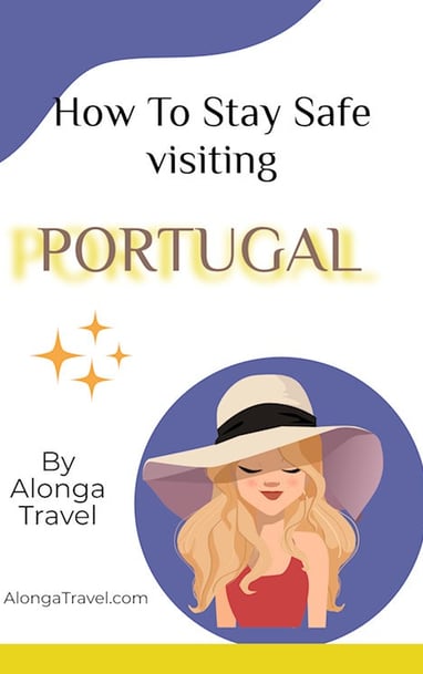 a woman in a hat with a hat on her head and sign How to stay safe traveling to Portugal