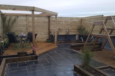garden transformation, privacy screens, corner deck, pergola, limestone paving, sleeper planters