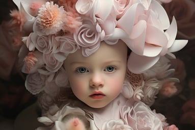 a baby girl wearing a pink dress and a flowered hat
