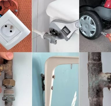 a collage of pictures of a person fixing a plugged in a wall