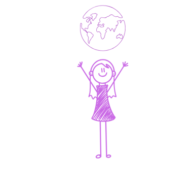 Female stick figure wearing a dress with her hands in the air and earth above her.