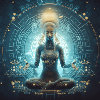 a woman sitting in a meditation position with a sacred space in the background