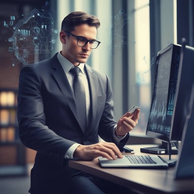 Businessman in a suit using a smartphone and computer, analyzing digital data with futuristic graphics.