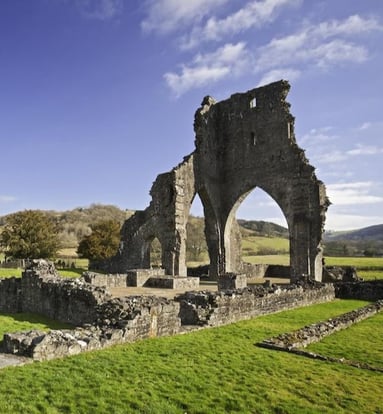 A beautiful ruined stone arch in a grassy field