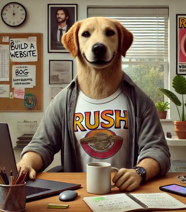 photorealistic image of a golden retriever small business owner sitting at a computer and desk