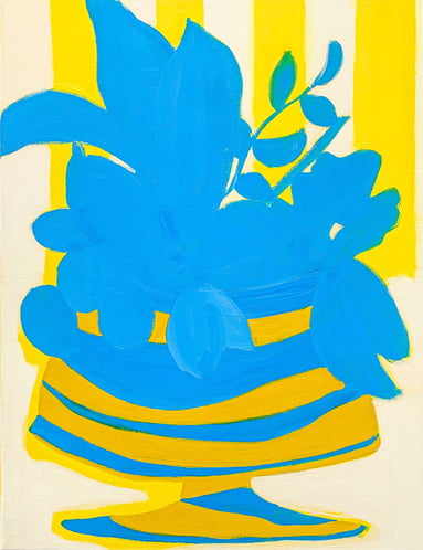 a painting of a tropical blue and yellow vase, Original art by Lena Sin