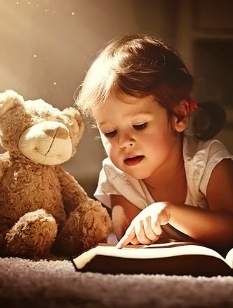 Young girl reading book with toy bear posing for a studio photography portrait