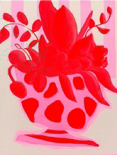 a painting of a vase with pink and red flowers, original still life art by Lena Sin