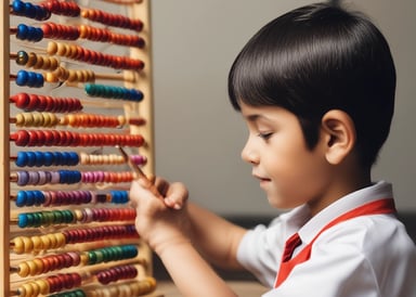 A neatly organized classroom shelf contains a variety of educational materials and tools. There are wooden trays, colored boxes, abacuses, and charts. Each shelf is filled with learning aids, prominently featuring items like math boards and counting tools. The environment is bright and has a warm, inviting atmosphere typical for a Montessori setting.