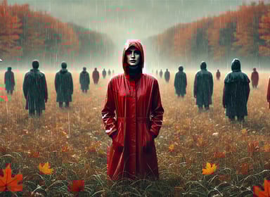 A stand-out leader in a red coat facing away from the crowd
