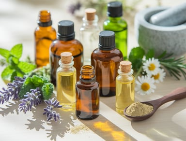 a variety of bottles of essential oils and herbs