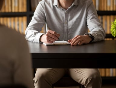 a man and woman sitting at a table with a notebook and pen
