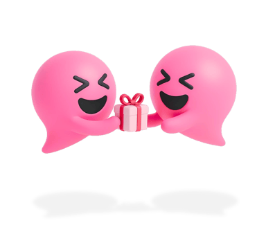 Two happy Blabit bubbles with closed smiling eyes sharing a wrapped gift box between them