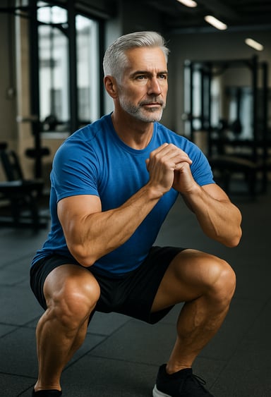 a man in a blue shirt is squatting on a gym floor