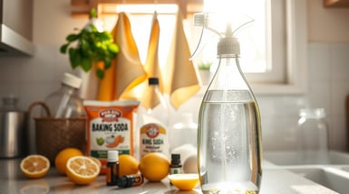 A box of baking soda, a spray bottle and sliced lemons on kitchen counter.