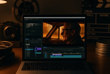 Estación de trabajo cinematográfica con un portátil mostrando una escena en edición, junto a carrete