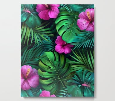 Vibrant Green and Pink Tropical Floral Pattern Metal Print BY Mash Mash