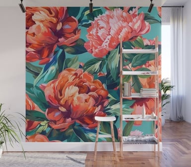 Vibrant Peony Floral Pattern on Teal Background Wall Mural BY Mash Mash