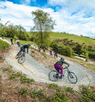 a group of people riding mountain bikes on a trail