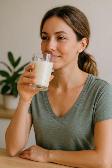 woman in her 30s drinking a healthy smoothie in natural light to support energy and wellness