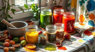 A serene workspace with jars of vibrant homemade natural paints.