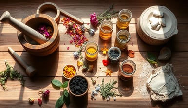 A rustic wooden table scattered with various natural paint-making tools.