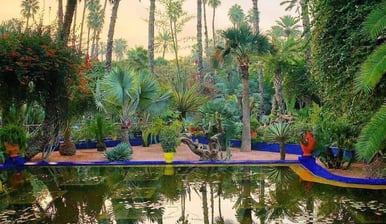 marrakech morocco a pond with a fountain and palm trees