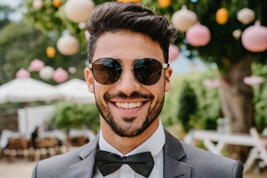 a groom in a suit and sunglasses smiling