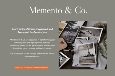 screenshot of mementoandco.com website homepage in grey and white with photos on it