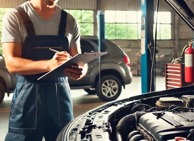 Técnico realizando una revisión pre-compra a un automóvil, comprobando el motor con el capó abierto 