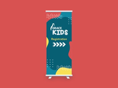 GraceKids roll-up banner featuring a playful design with abstract shapes and bright colours.