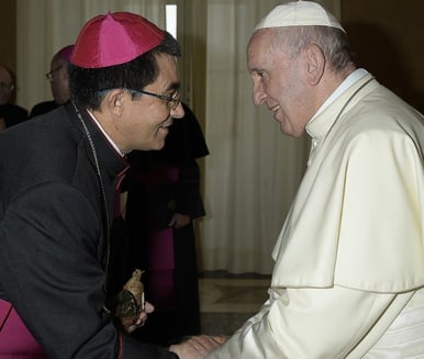 Dom José Ionilton (atual bispo) e Papa Francisco em um cumprimento