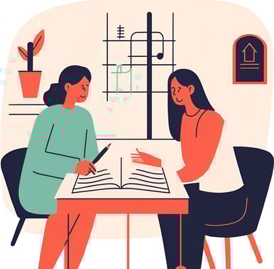 "Colorful animation of a teacher guiding a student with learning materials."
