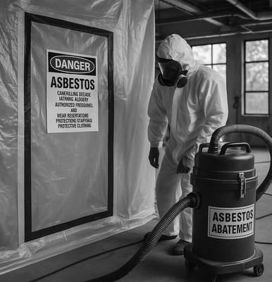 Licensed asbestos removal technicians in protective suits remoev asbestos from commercial building