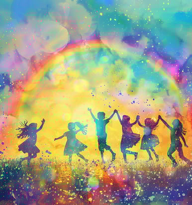 a group of children playing in a field and a big rainbow in the sky