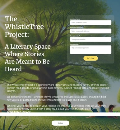 screenshot of thewhistletreeproject.com homepage with a giant green tree with readers under it