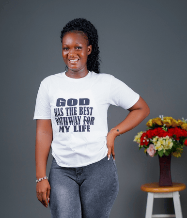 "God has the best pathway for my life" black text on white Christian T-shirt