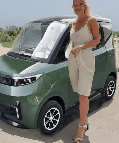 middle age woman poses with dark green Impulse Electromotive Nano-3 Micro EV car